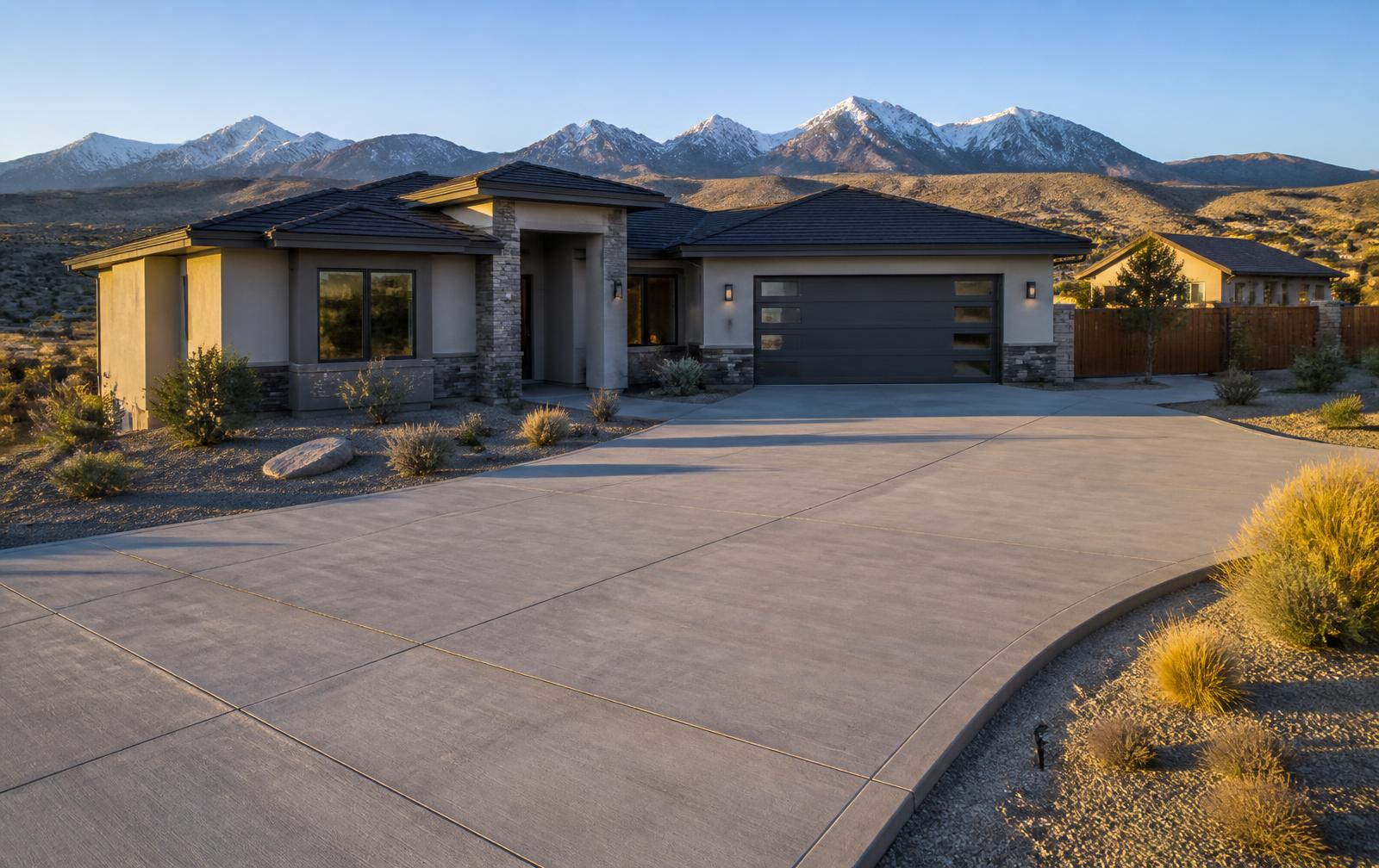 Broom-finished concrete driveway at a Reno-area home with the Sierra foothills behind it